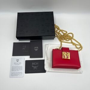 NEW MCM Mena cardholder leather wallet with chain bag in red full set
